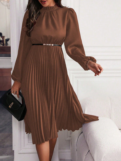 Women's Pleated Midi Dress – High Neck Long Sleeve