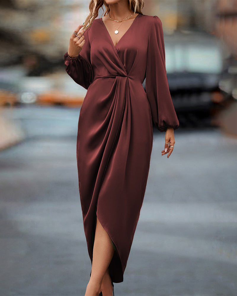 Women's Satin Wrap Midi Dress – V-Neck Twist Waist