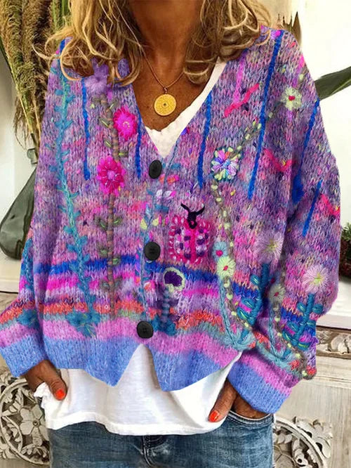 Women's Floral Print Knit Cardigan - V-Neck