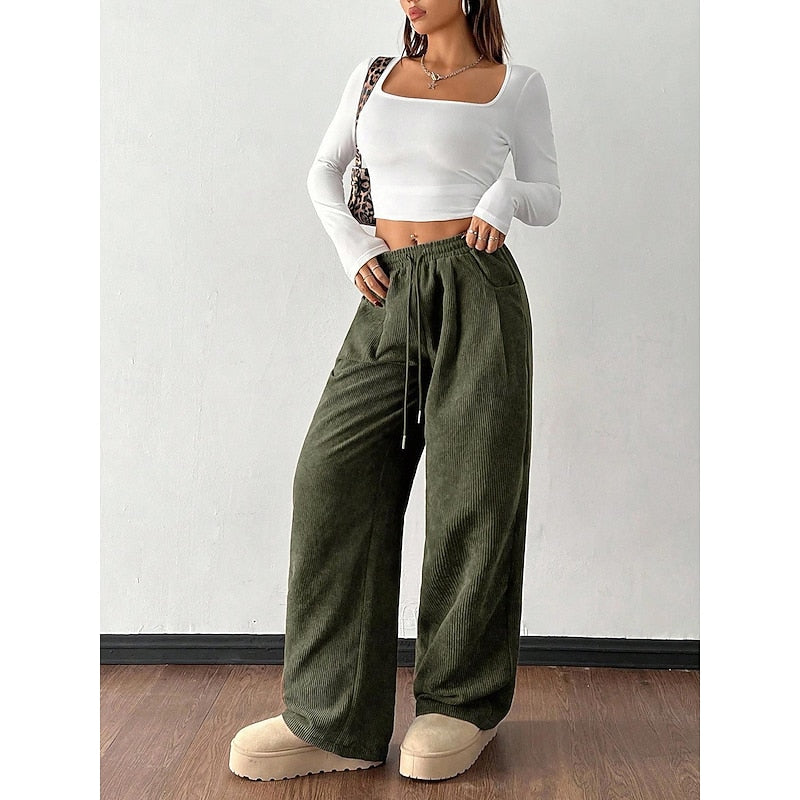 Women's Corduroy Wide Leg Trousers with Drawstring Waist