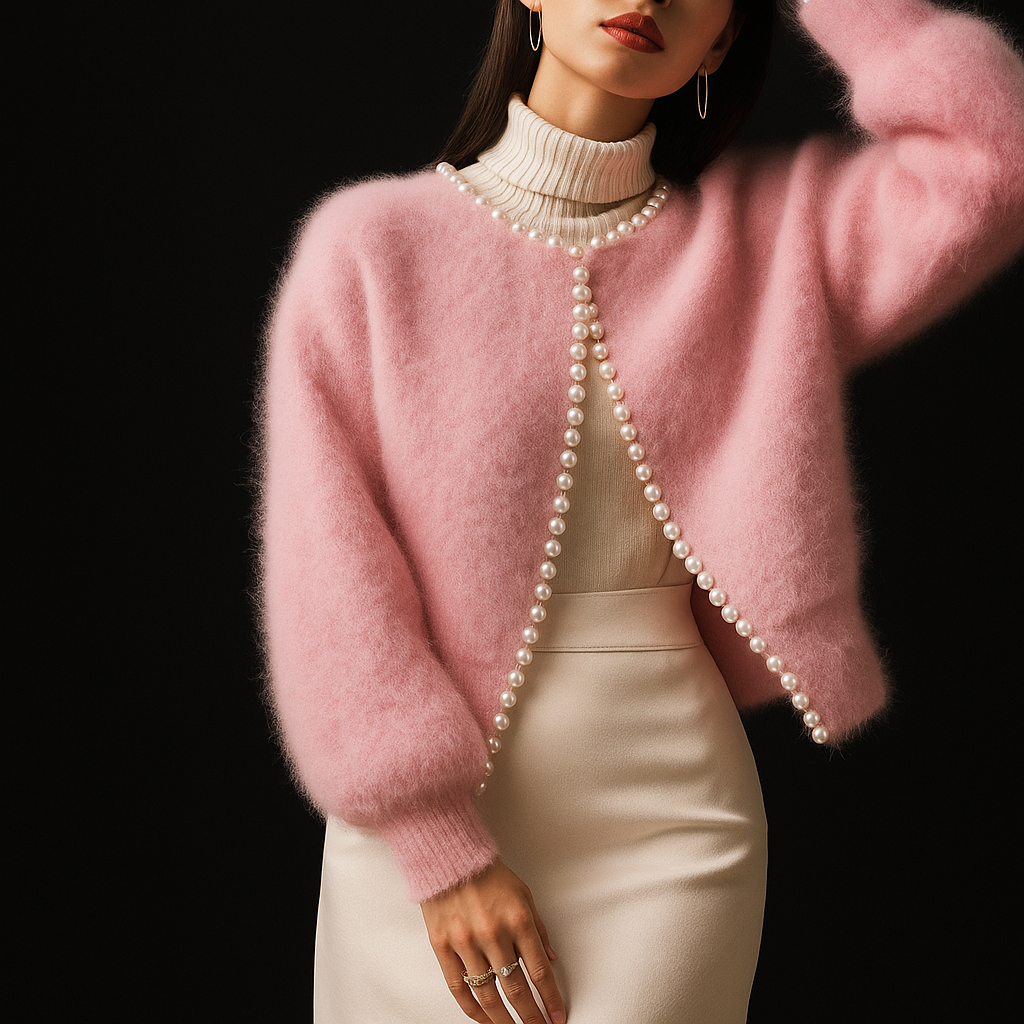 Women's Fluffy Knit Cardigan – Pearl-Trim Cropped Cardigan