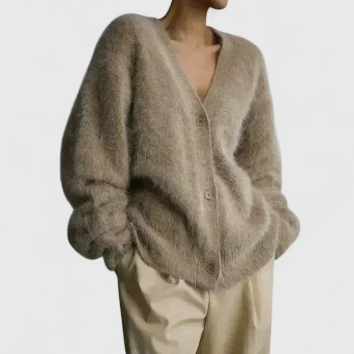 Women's Brushed Knit Cardigan – Oversized V-Neck Fuzzy Cardigan
