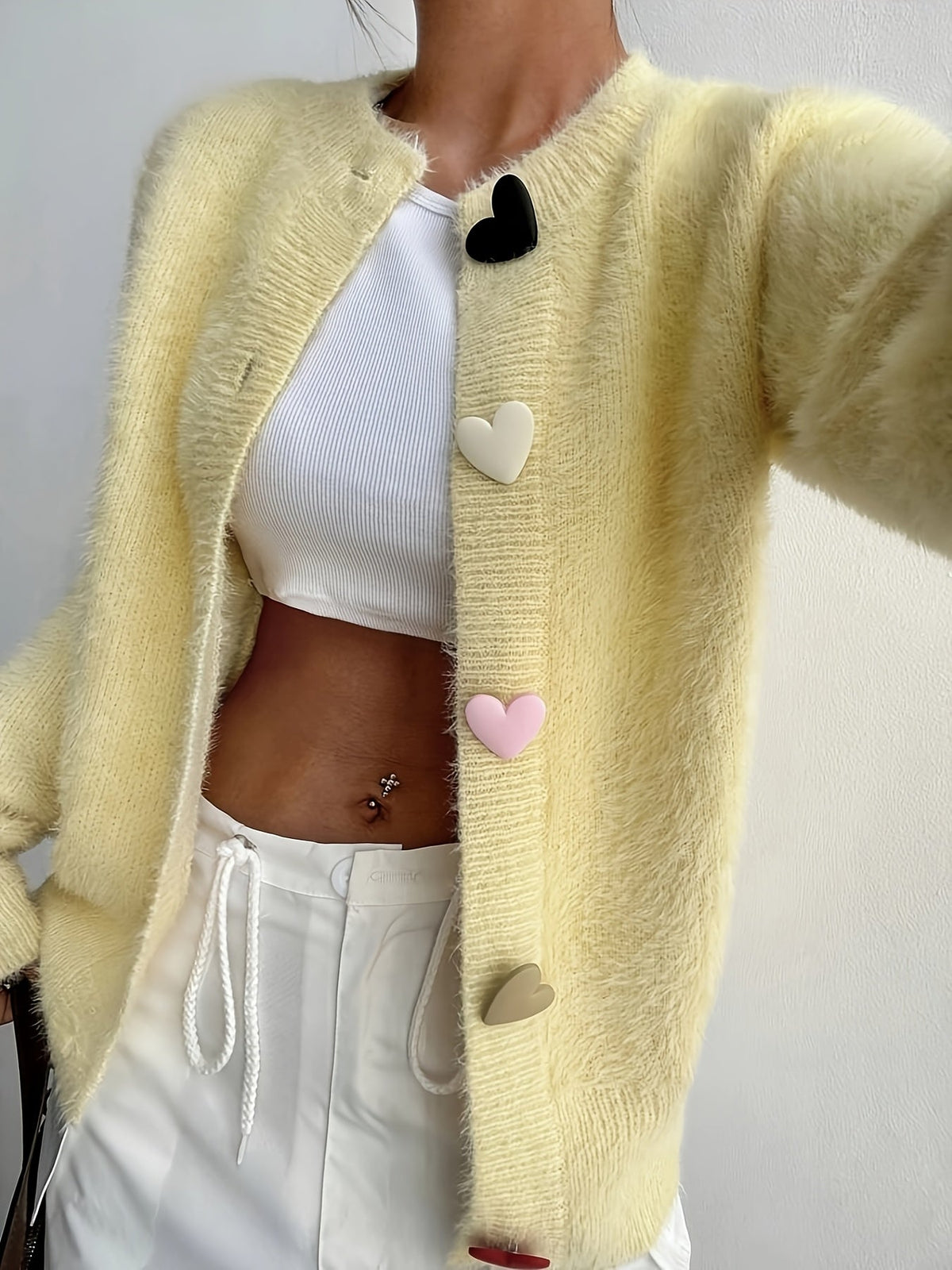Women's Fluffy Cropped Cardigan with Heart Buttons