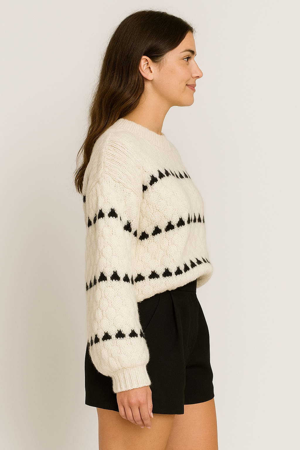 Women's Cream Textured Knit Jumper – Balloon Sleeve Geometric