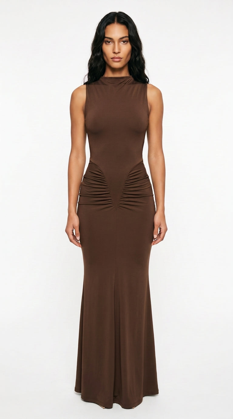 Bodycon Maxi Dress – Ruched Sleeveless Evening Dress