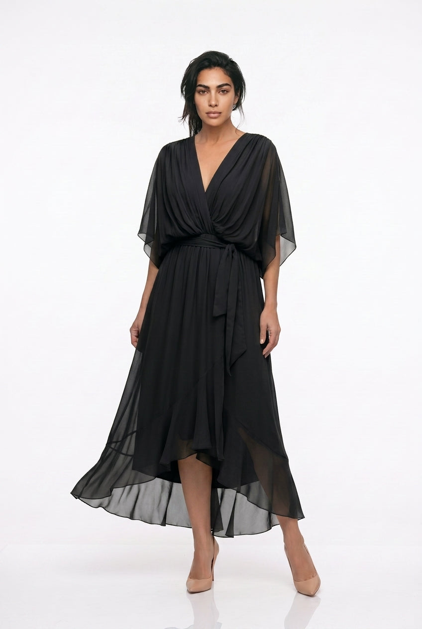 Women's Chiffon Wrap Midi Dress – V-Neck Kimono Sleeve