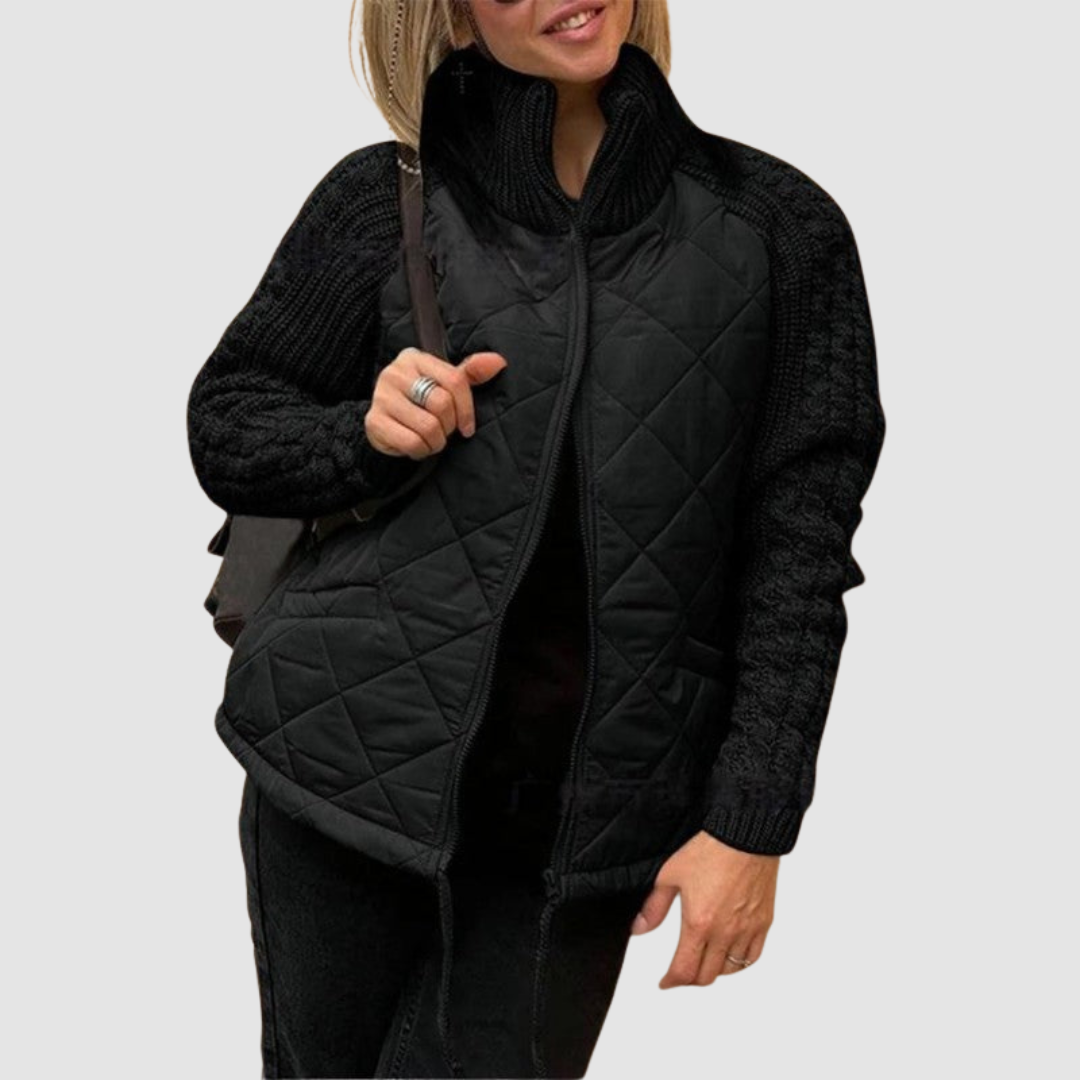 Women's Quilted Patchwork Jacket – Knit Sleeve Puffer Coat