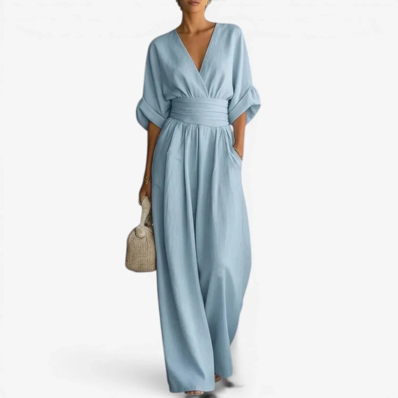 Women's Wide Leg Jumpsuit – V-Neck Belted Occasion