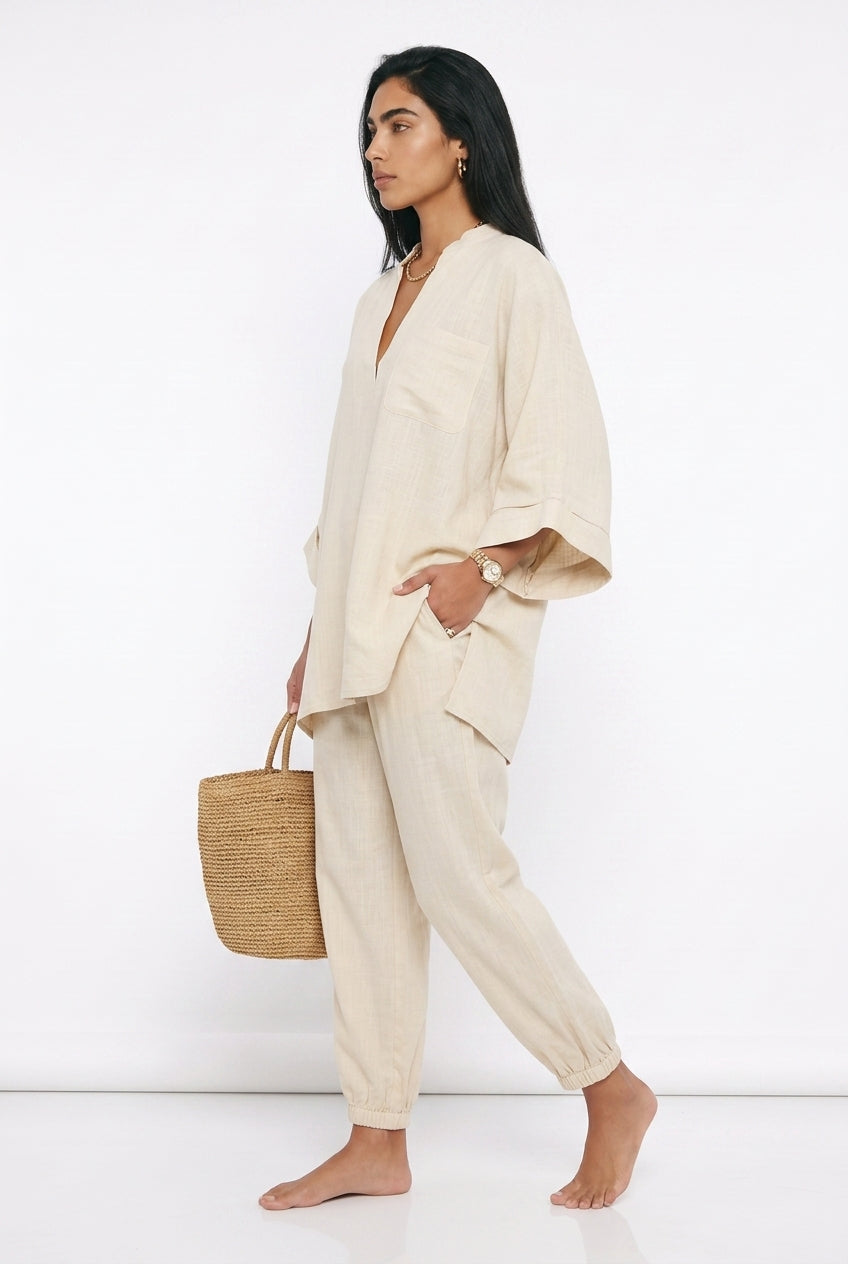 Women's Linen Co-ord Set – Oversized V-Neck Top & Tapered Trousers
