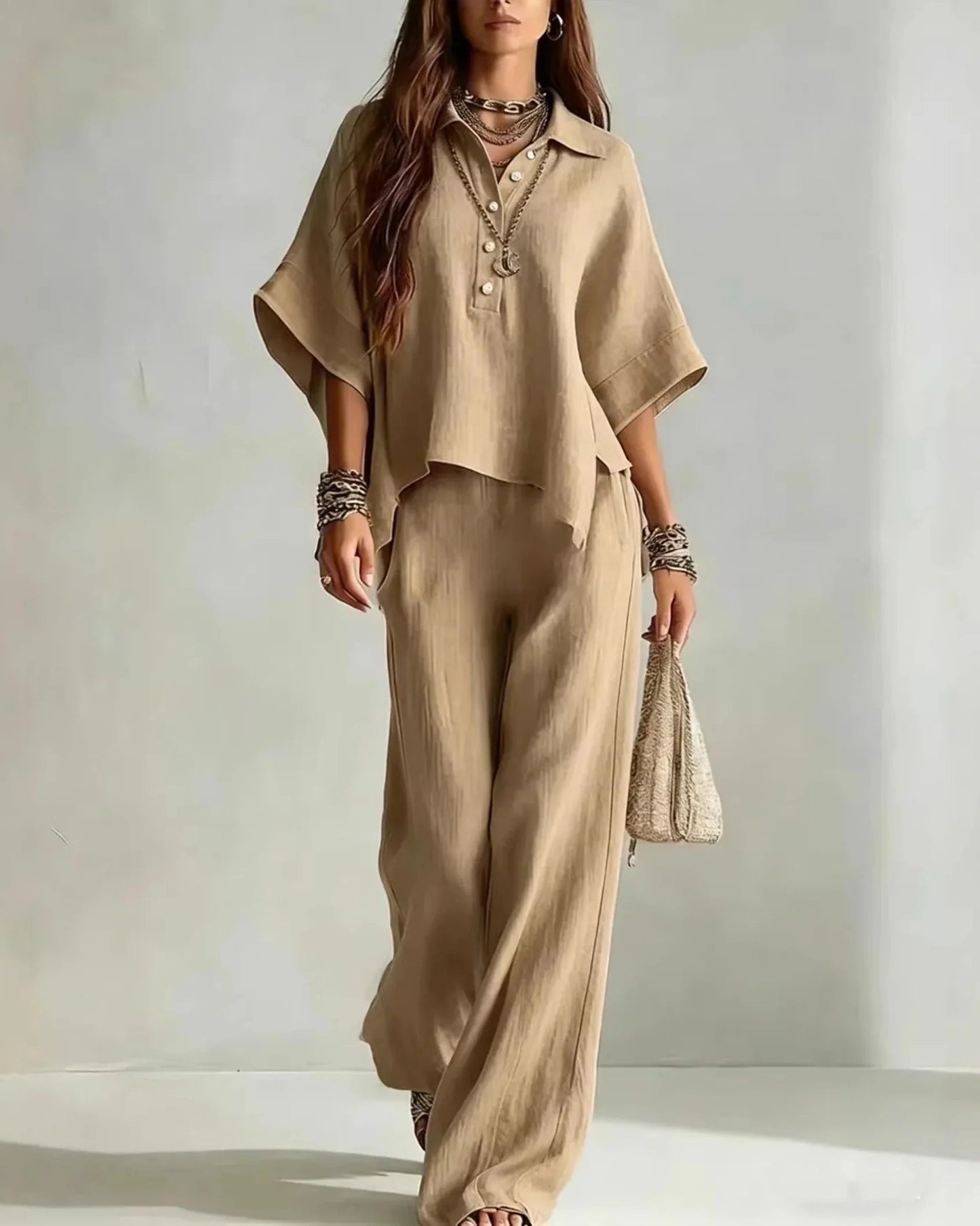 Women's Linen-Look Co-ord Set – Oversized Top & Wide Leg Trousers