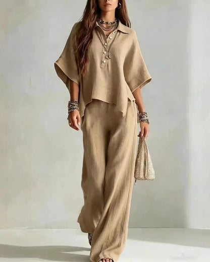 Women's Linen-Look Co-ord Set – Oversized Top & Wide Leg Trousers