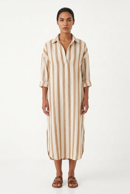Women's Long Sleeve Maxi Dress – Striped Shirt Dress
