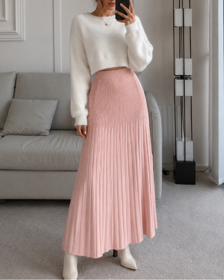 Women's Pleated Knit Maxi Skirt – High Waist Flared A-Line Skirt