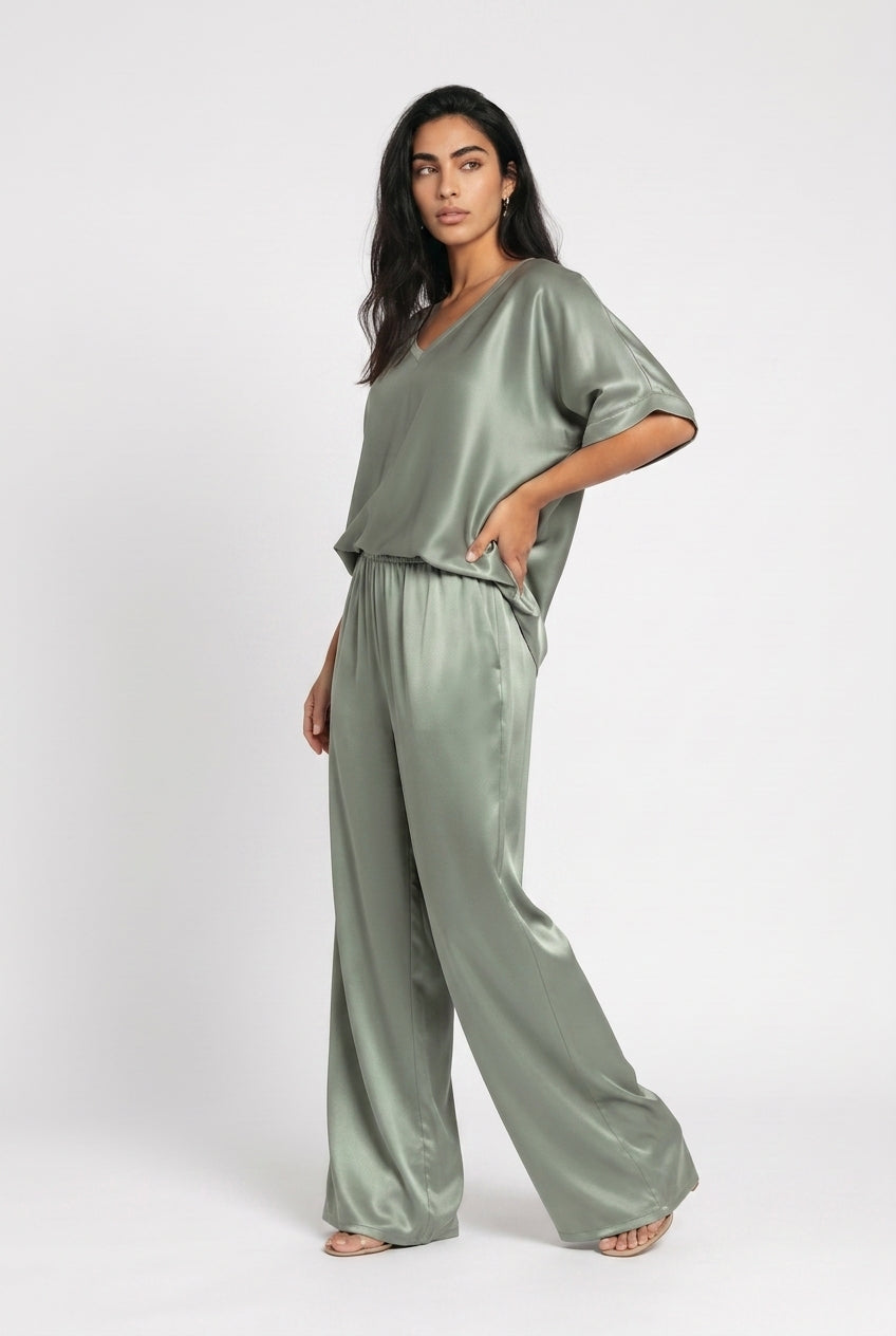 Women's Satin Co-ord Set – V-Neck Top & Wide Leg Trousers