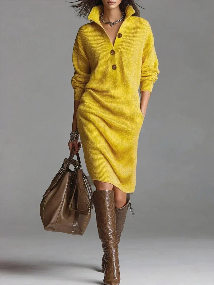 Women's Ribbed Knit Sweater Dress – Collared Button Midi Dress