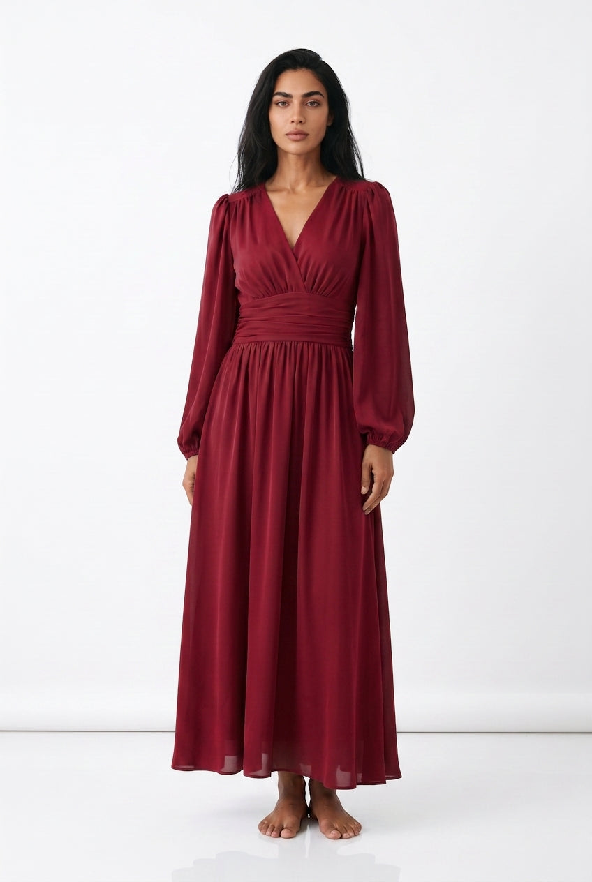 Women's Chiffon Maxi Dress – V-Neck Long Sleeve A-Line