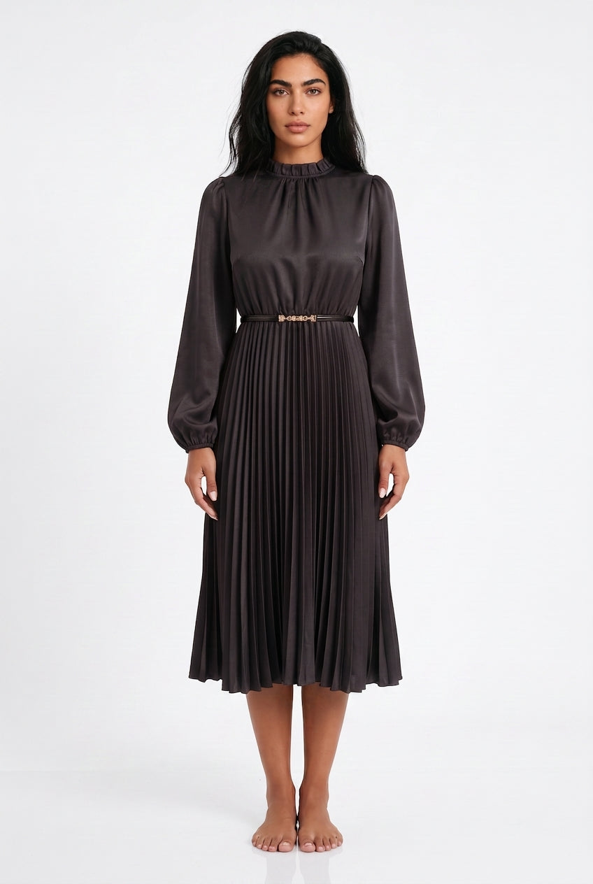 Women's Pleated Midi Dress – High Neck Long Sleeve