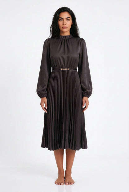 Women's Pleated Midi Dress – High Neck Long Sleeve
