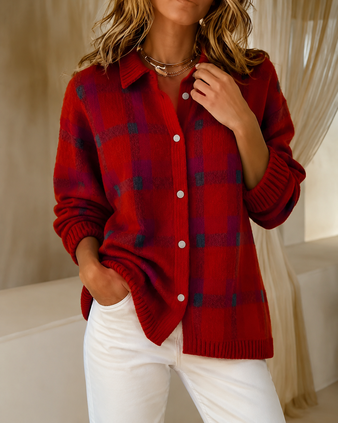 Women's Plaid Knit Cardigan – Button-Up Shacket Top