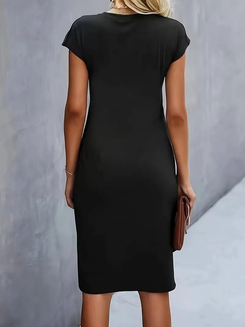 Women's Ruched Midi Dress – Twist-Front Bodycon Dress