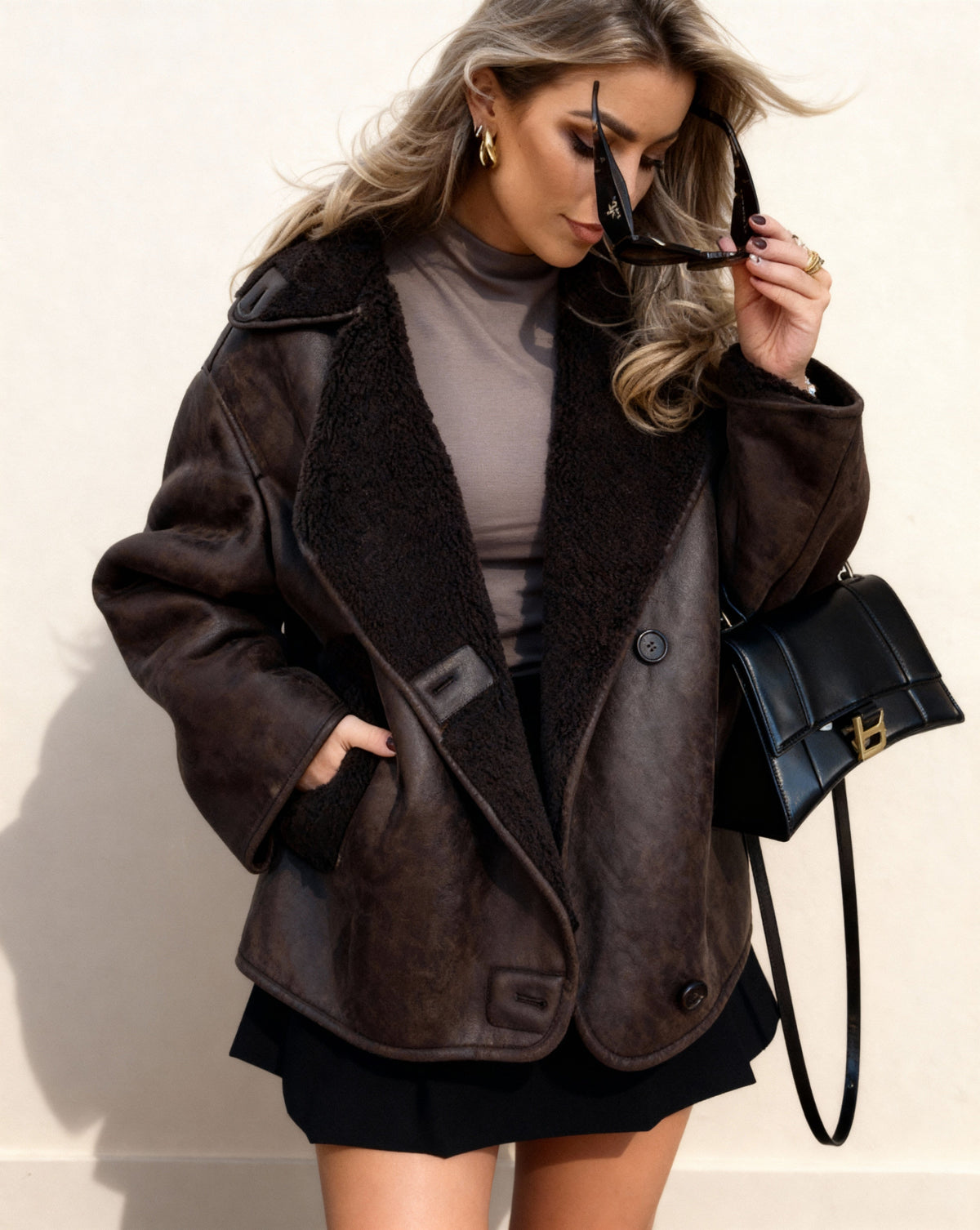 Women's Brown Faux Leather Jacket – Shearling Collar Coat