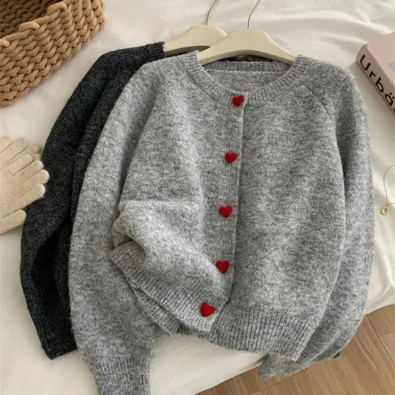 Women's Knit Cardigan – Heart Button Round Neck