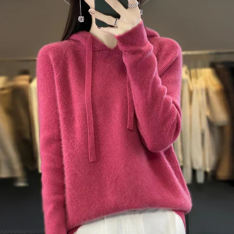 Women's Knit Hooded Jumper – Drawstring Honeycomb Pullover