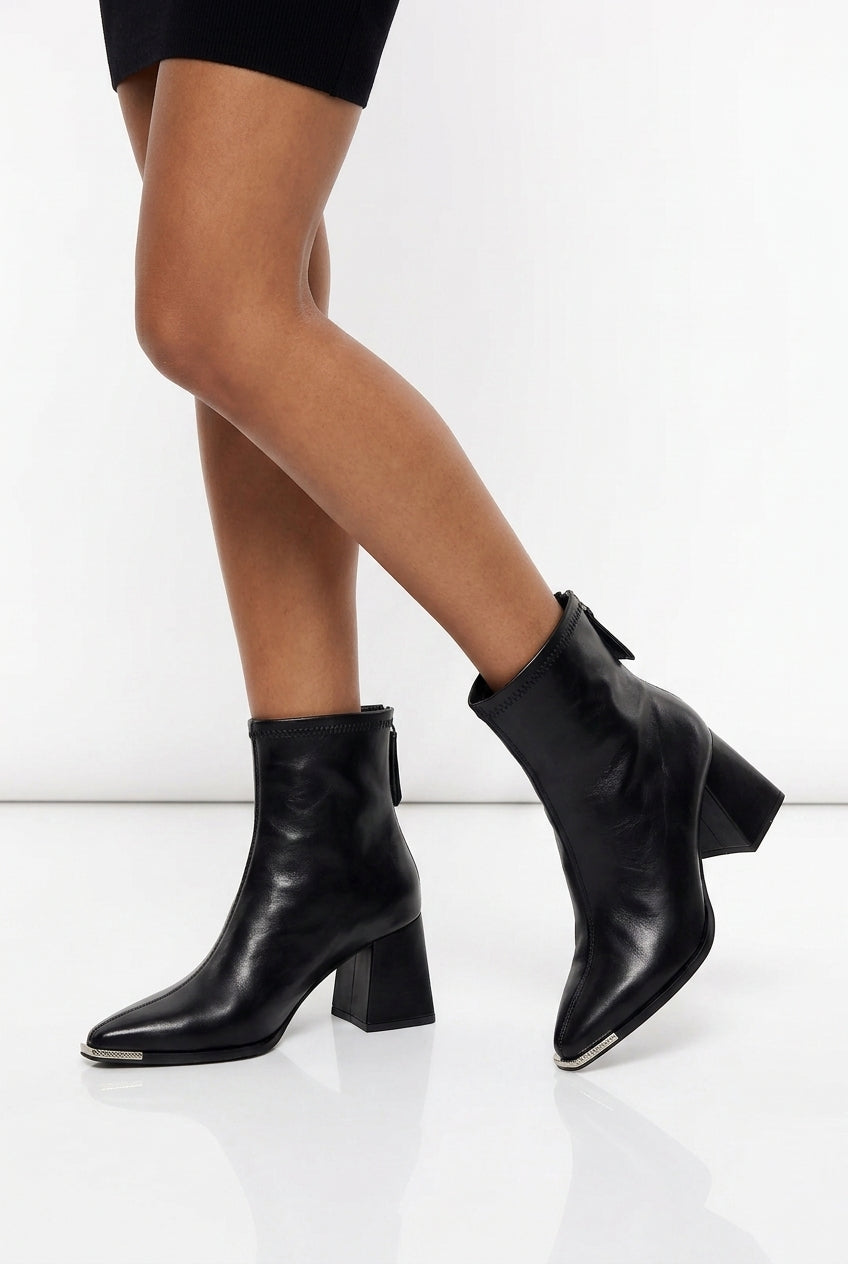 Women's Block Heel Ankle Boots – Pointed Toe Metal Tip
