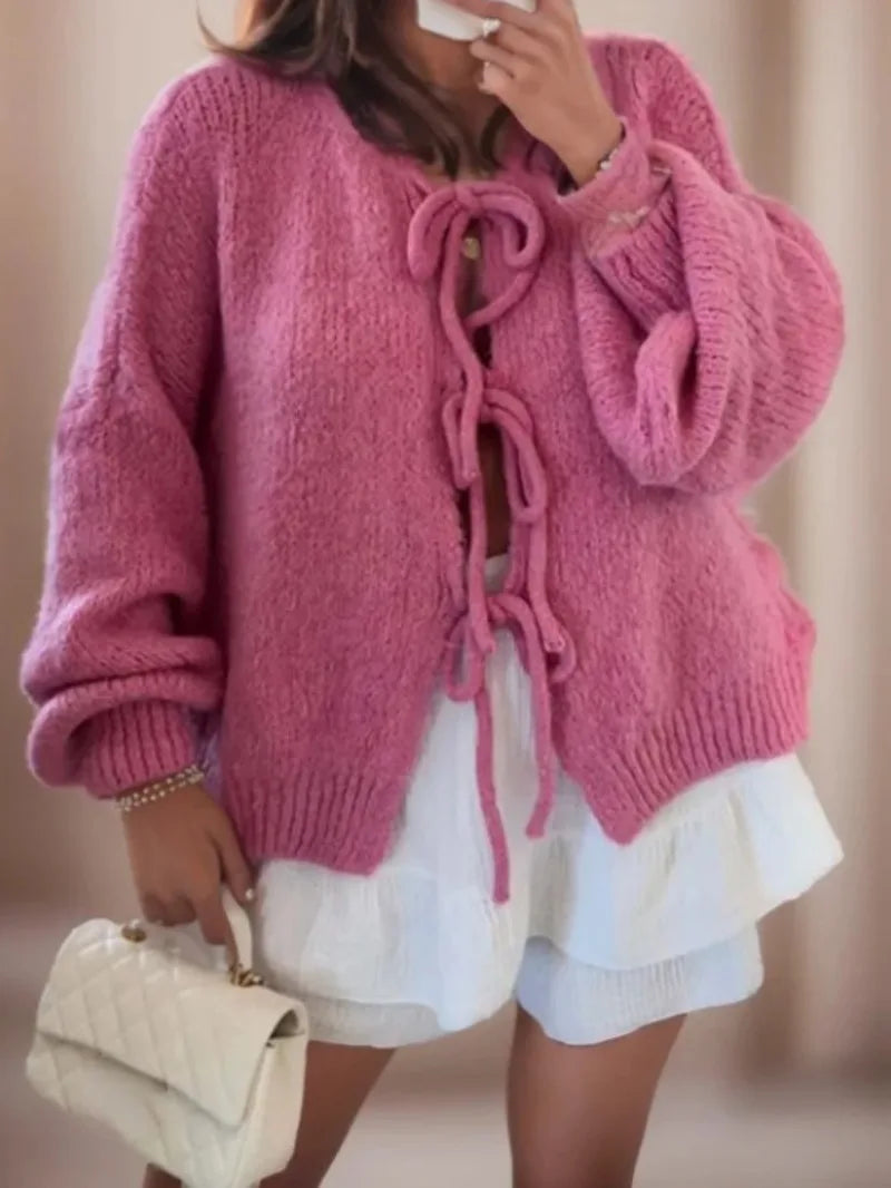 Women's Knit Cardigan with Bow Ties