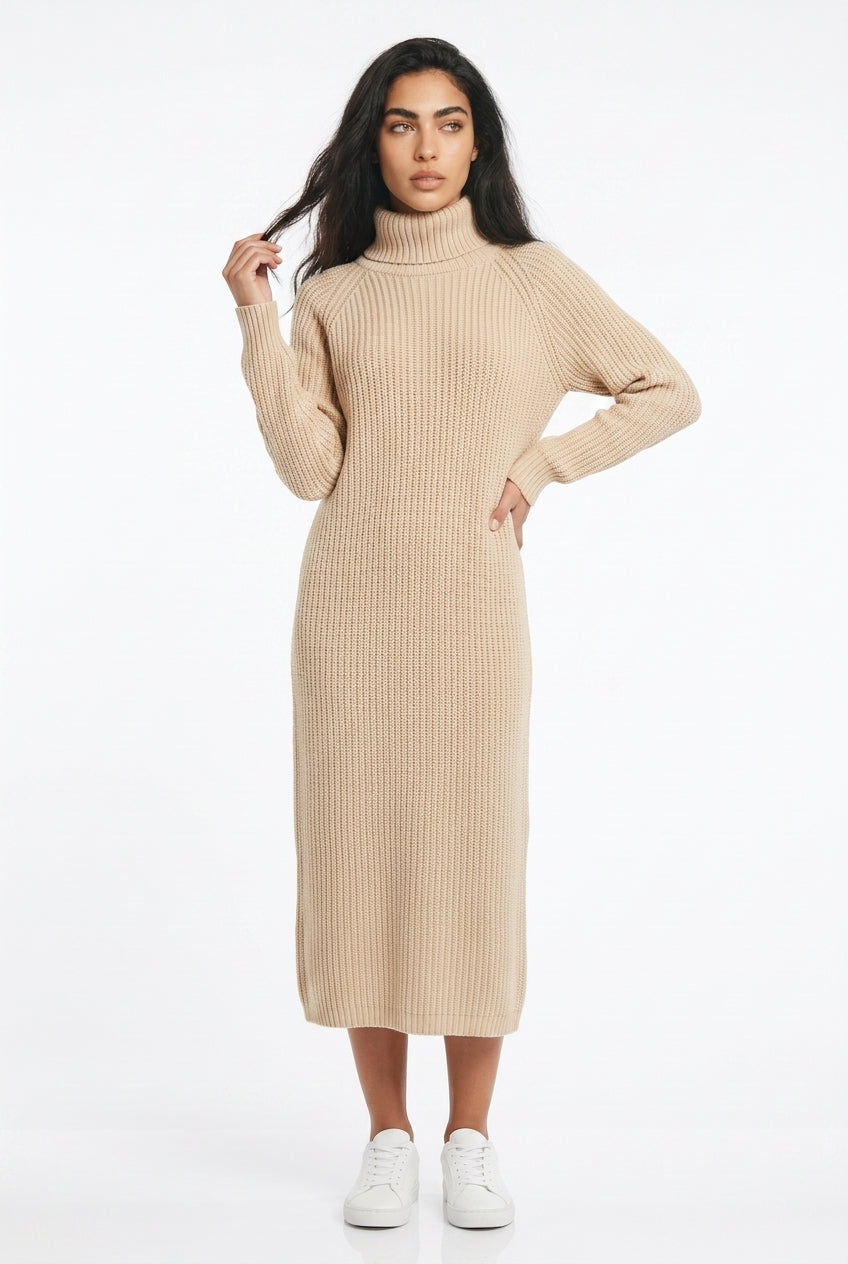Women's Roll Neck Jumper Dress – Long Sleeve Knitted Midi