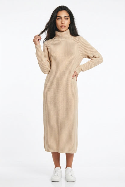 Women's Roll Neck Jumper Dress – Long Sleeve Knitted Midi