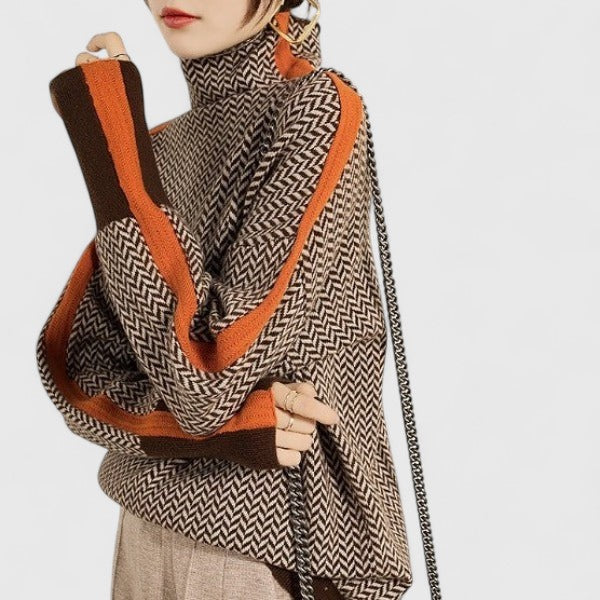 Women's Herringbone Knit Jumper – Colour-Block Roll Neck Sweater