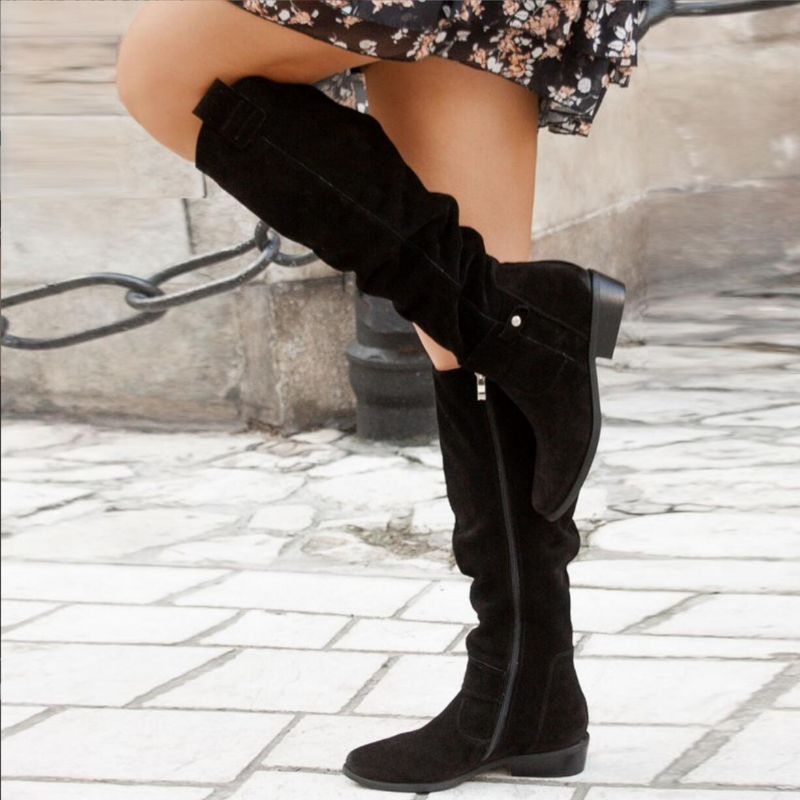 Women's Suede Knee High Flat Boots - Slouch – Black