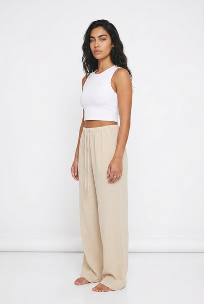 Women's Wide Leg Linen-Look Trousers – Elasticated Waist Relaxed Fit