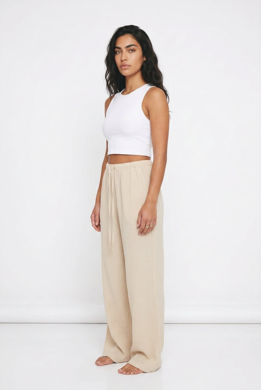 Women's Wide Leg Linen-Look Trousers – Elasticated Waist Relaxed Fit