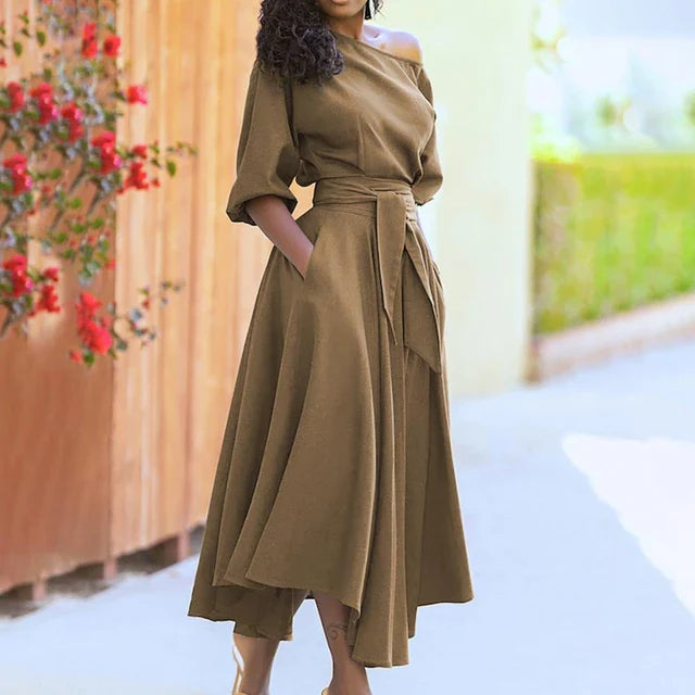 Women's Off-Shoulder Midi Dress – Belted A-Line