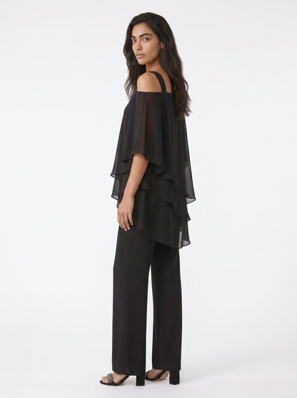 Women's Chiffon Trouser Suit – Layered Top & Wide Leg Trousers