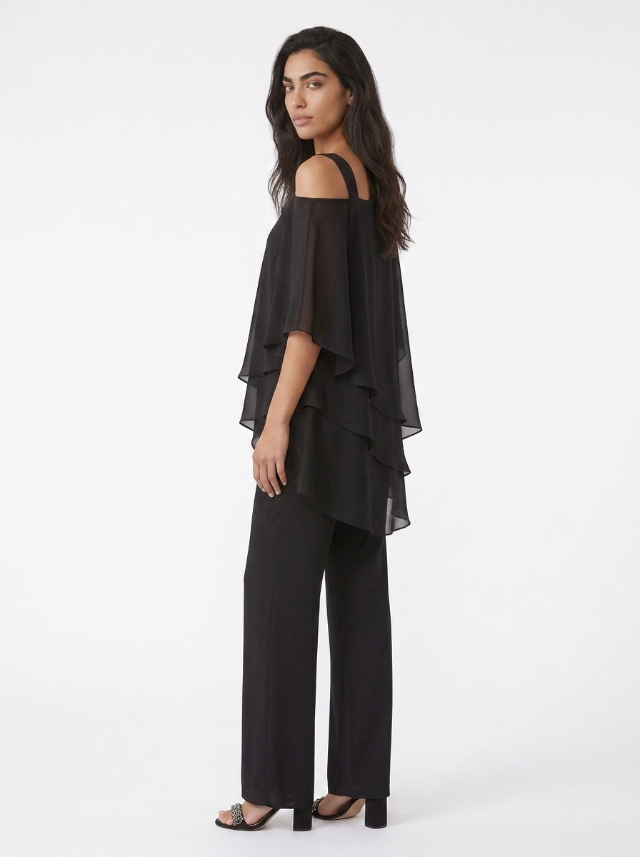 Women's Chiffon Trouser Suit – Layered Top & Wide Leg Trousers