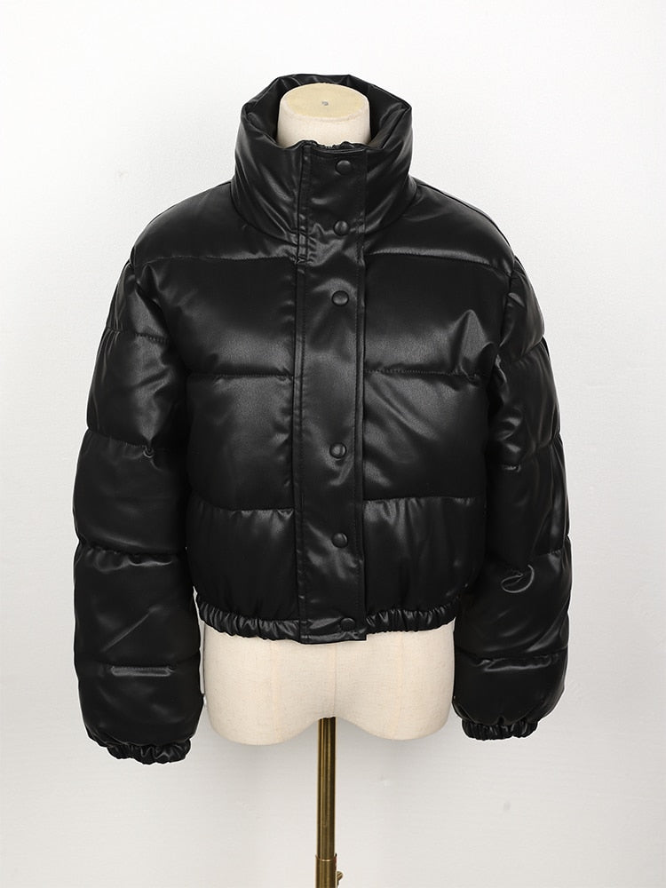 Women's Faux Leather Puffer Jacket – Cropped Padded