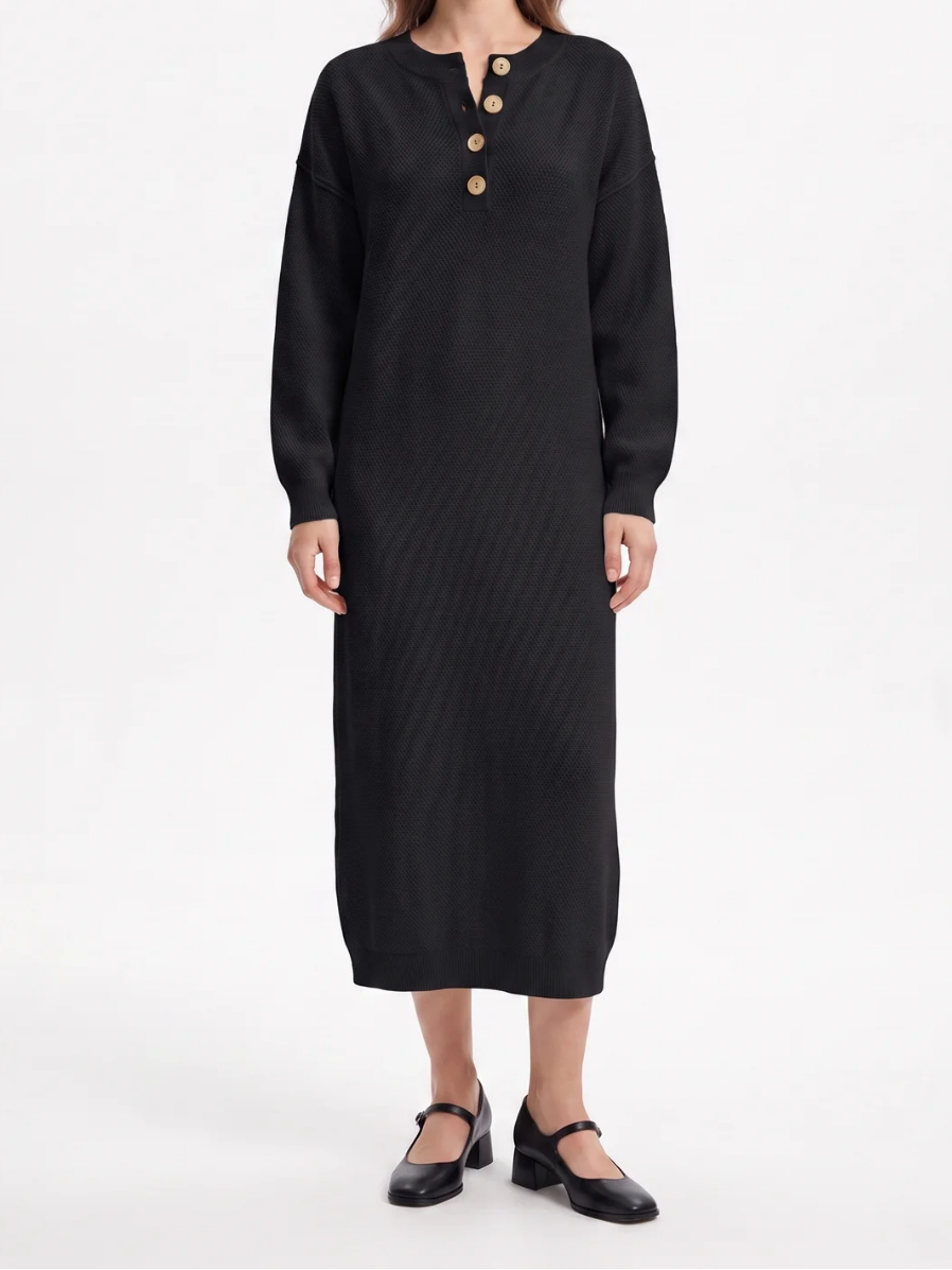 Women's Knit Button-Neck Jumper Dress – Long Sleeve