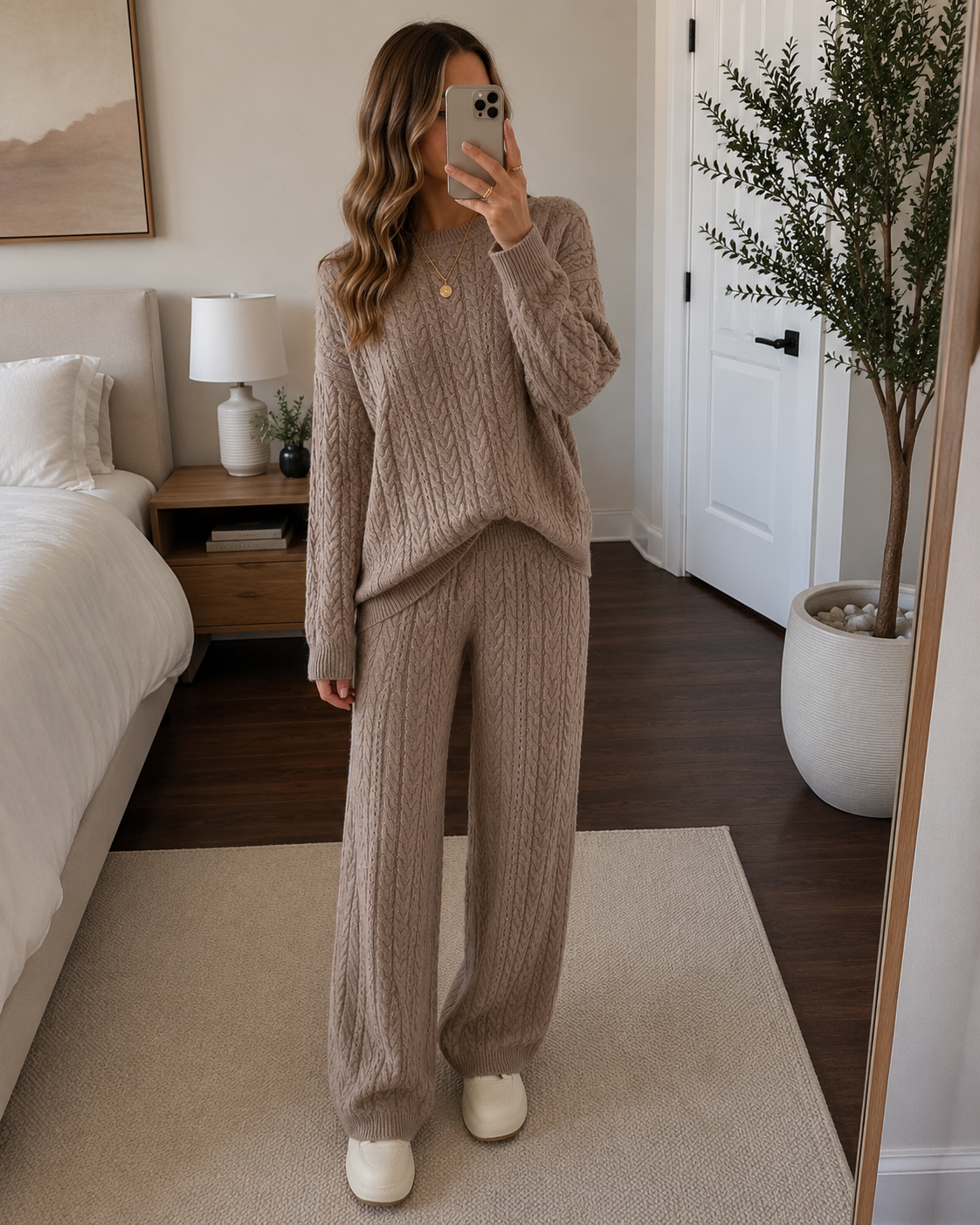 Women's Cable Knit Jumper & Wide Leg Trousers Co-ord Set