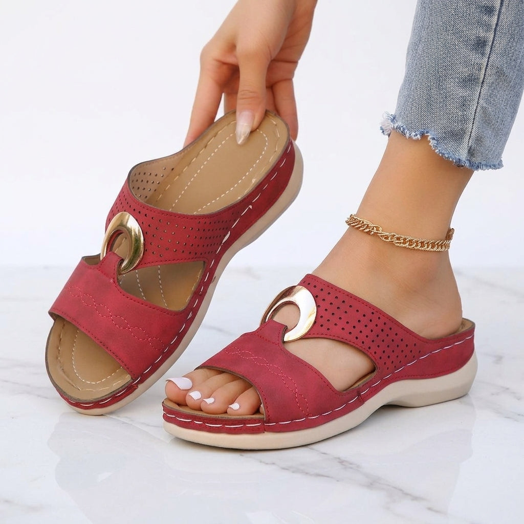 Women's Wedge Sandals – Buckle Detail, Cut-Out Slip-On Mules