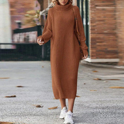 Women's Roll Neck Jumper Dress – Long Sleeve Knitted Midi