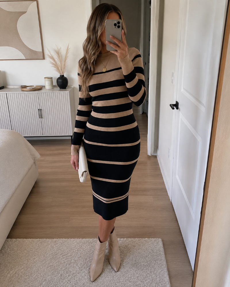 Women's Striped Knit Jumper Dress – Fitted Long Sleeve