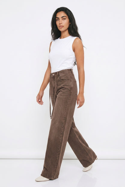 Women's Wide Leg Jeans | Brown Baggy High Waist Denim