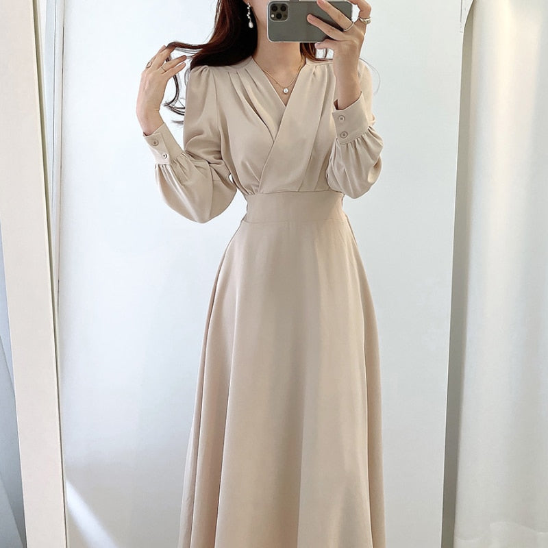 Women's V-Neck Puff Sleeve A-Line Midi Dress