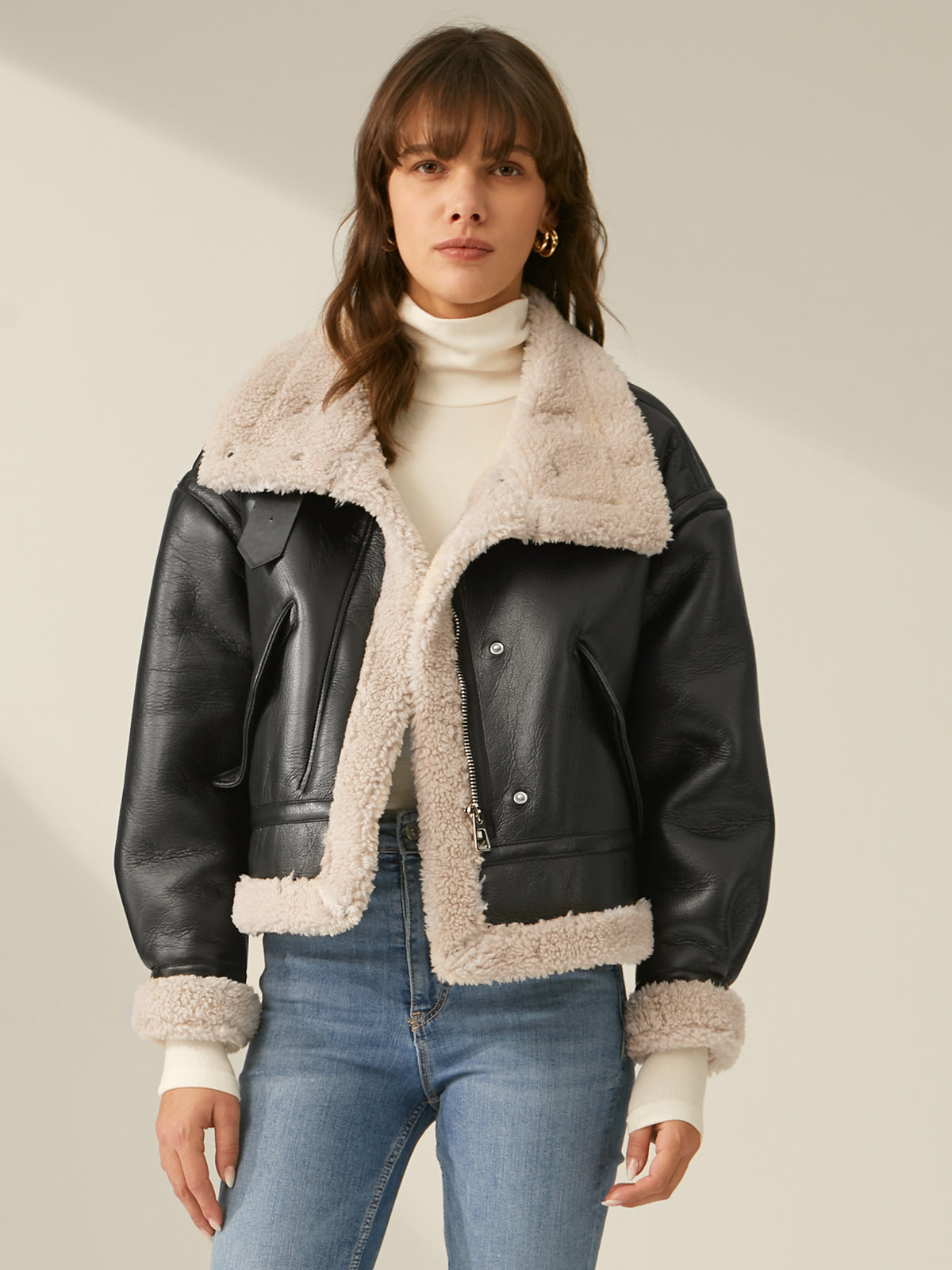 Women's Black Faux Leather Flight Jacket with Sherpa Lining