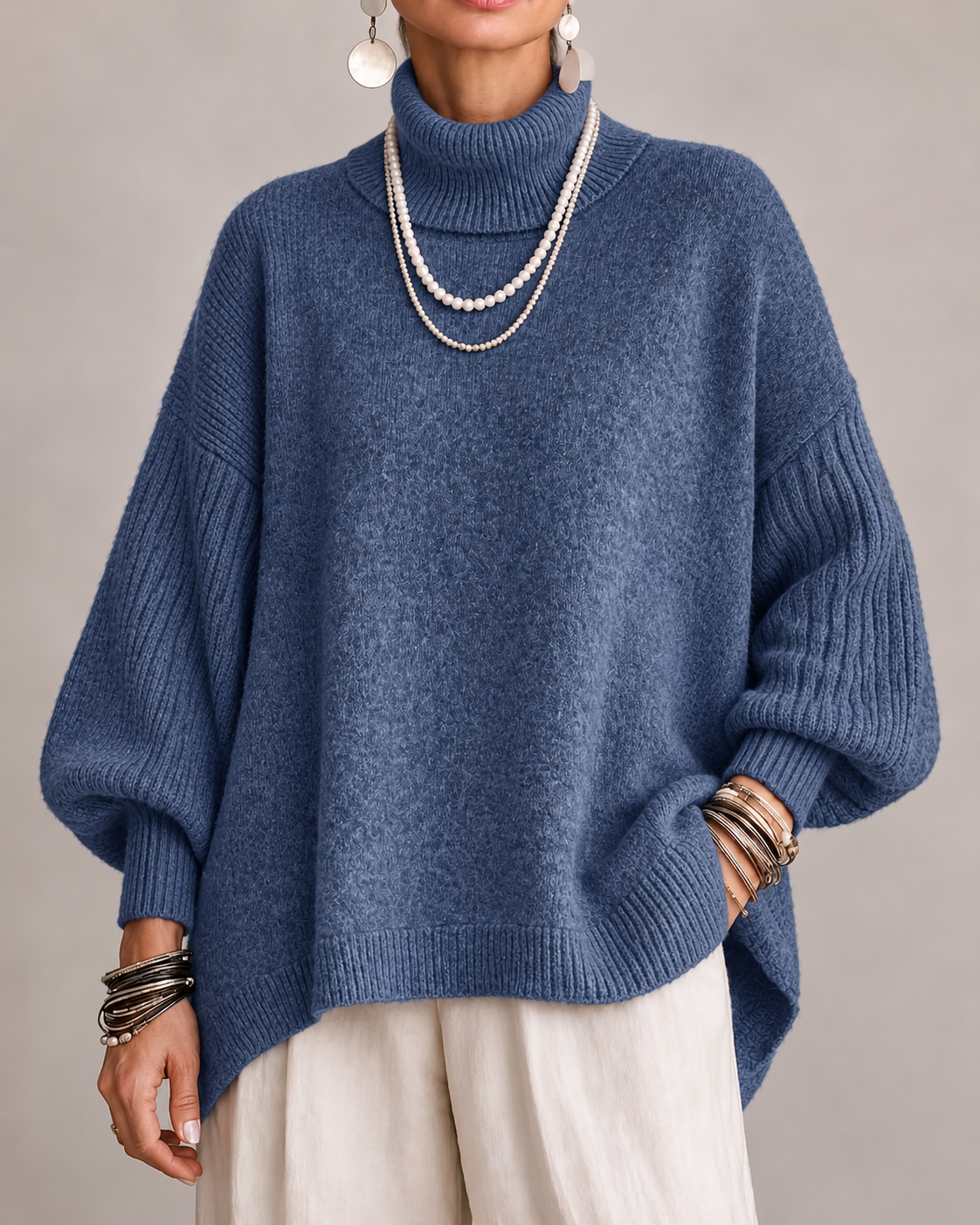Women's Oversized Roll Neck Jumper – Ribbed Sleeves