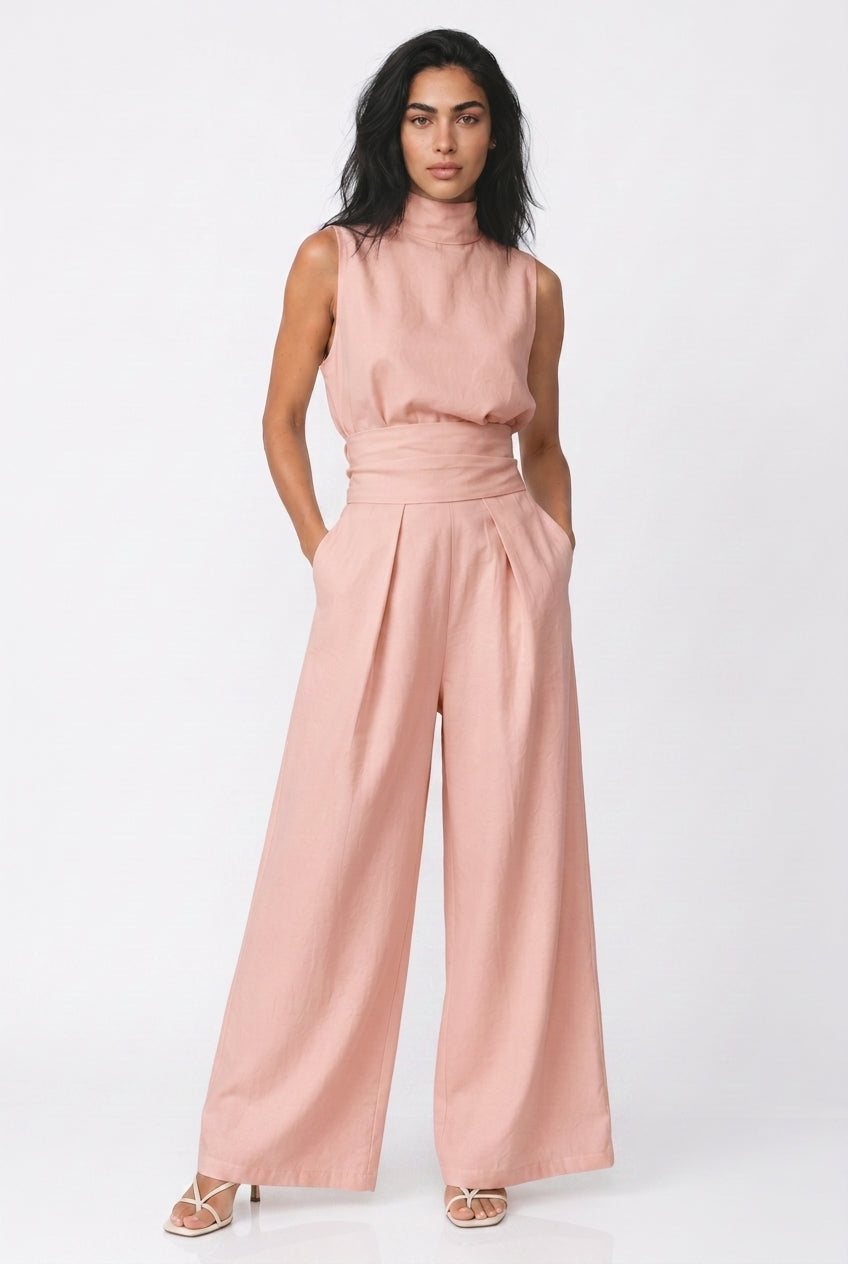 Women's Wide Leg Jumpsuit – Sleeveless High Neck Linen Jumpsuit