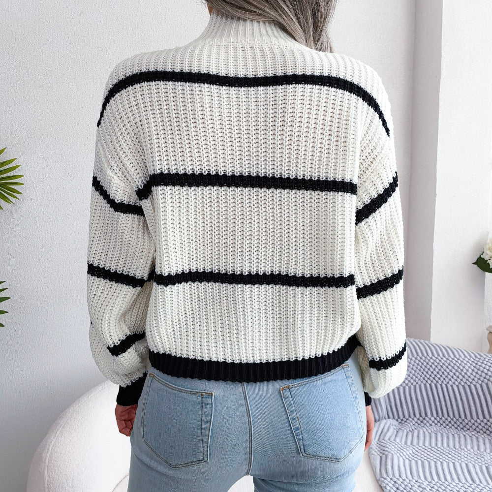 Women's Striped Knit Jumper – Mock Neck Pullover